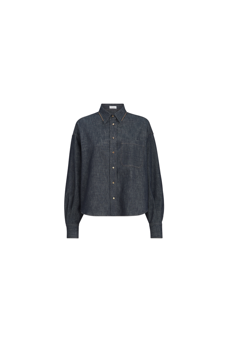 Sparkling no-fade denim shirt with shiny collar, Alternate, color, Denim