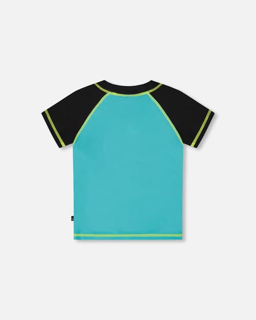 DEUX PAR DEUX DEUX PAR DEUX LITTLE BOY'S SHORT SLEEVE RASHGUARD BLACK AND TURQUOISE 