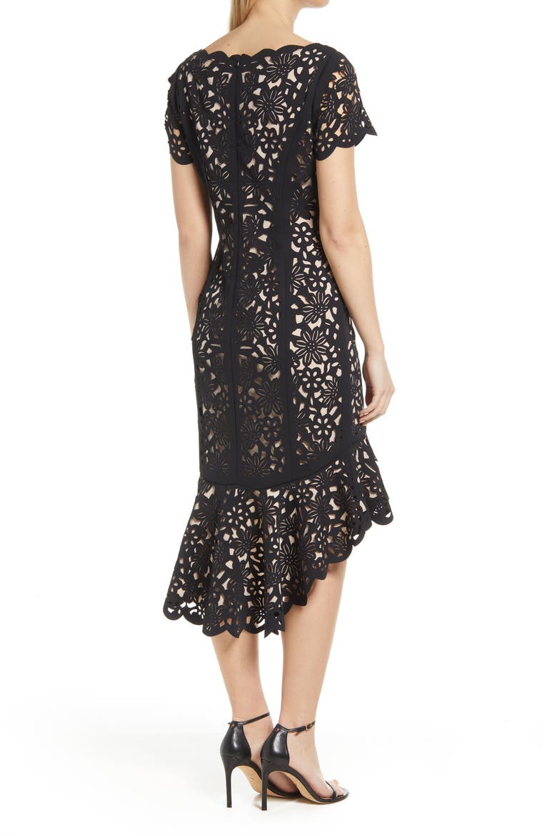 Laser Cut Floral High-Low Cocktail Dress, Alternate, color, BLACK/ NUDE