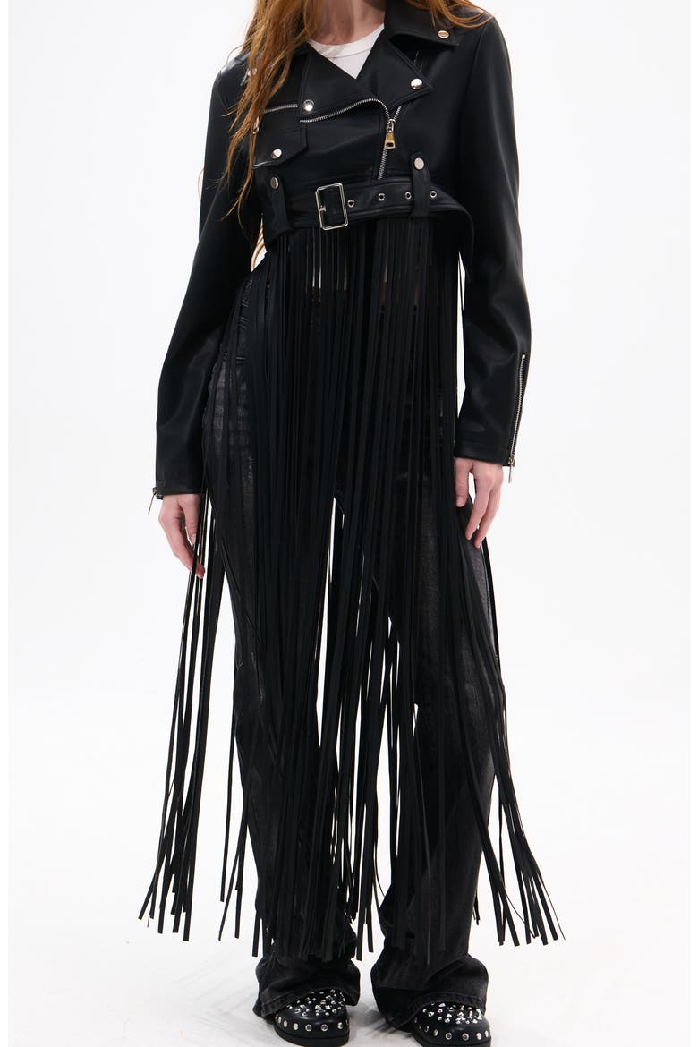 Maxi Fringe Faux Leather Moto Jacket, Alternate, color, BLACK