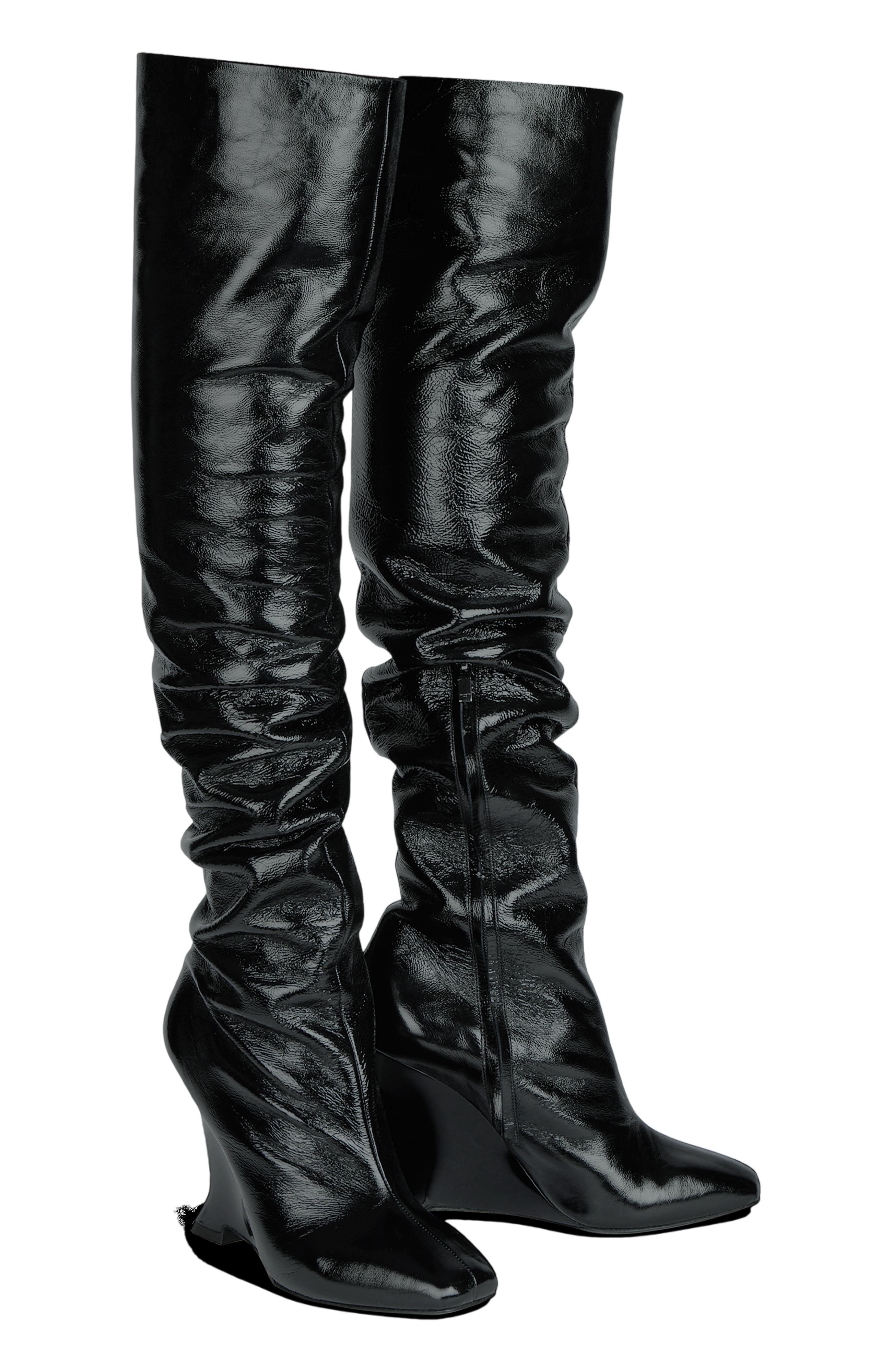 Thigh-High Wedge Boots in Crinkled Patent Leather, Main, color, black
