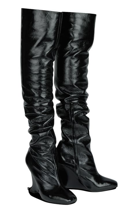 Thigh-High Wedge Boots in Crinkled Patent Leather