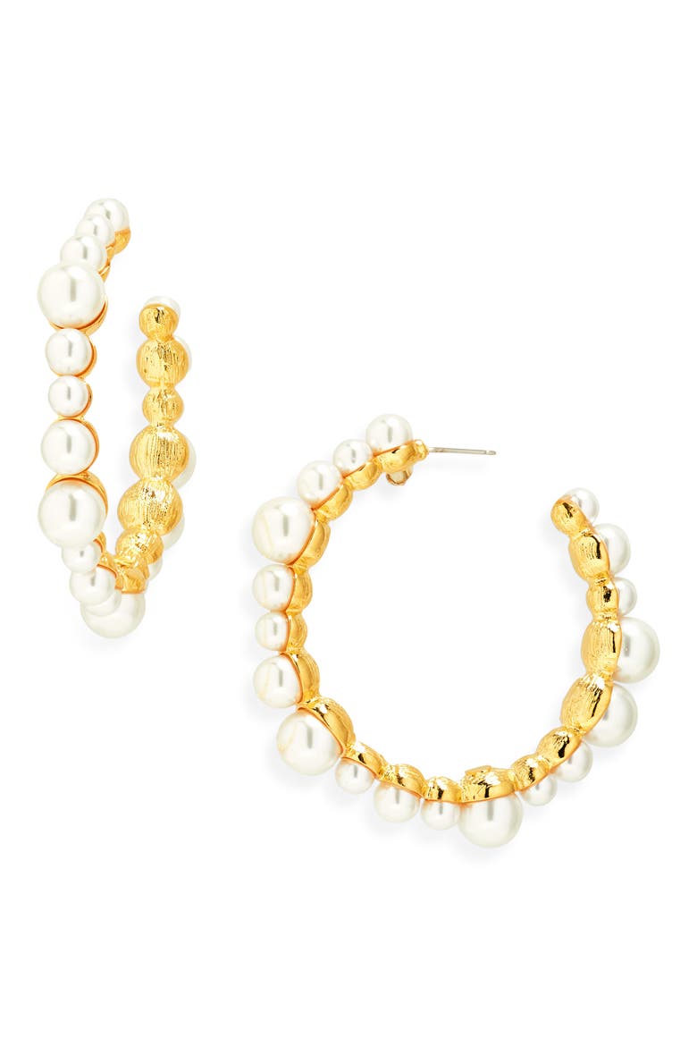 Faux Pearl Hoop Earrings, Main, color, POLISHED GOLD