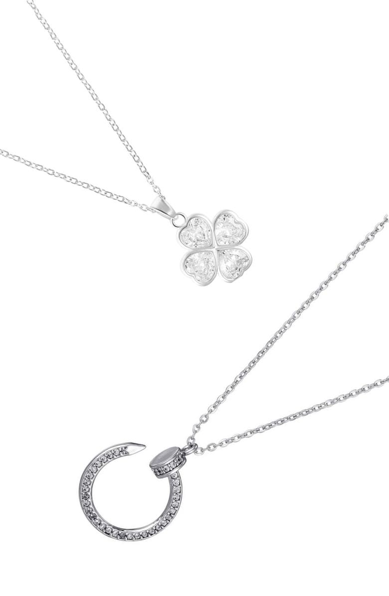 Adornia Set of 2 Clover & Nail Pendant Necklaces, Main, color, Silver