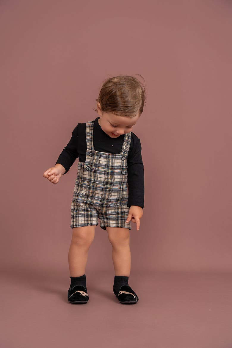 Plaid Short Overall with Strap Closure, Alternate, color, Black