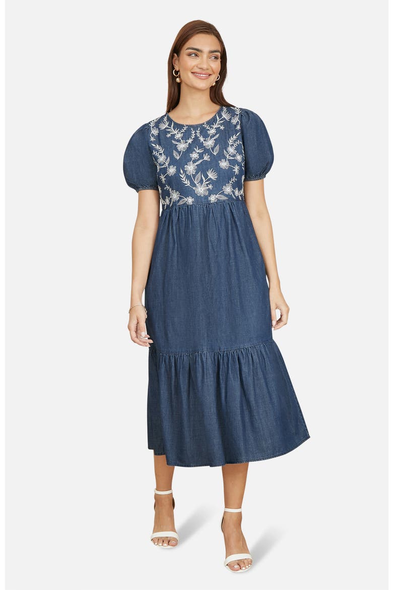 Floral Embroidered Puff Sleeve Dress, Main, color, Blue