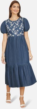 Yumi Floral Embroidered Puff Sleeve Dress