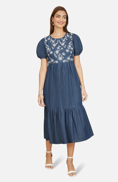Yumi Floral Embroidered Puff Sleeve Dress in Blue at Nordstrom, Size 10
