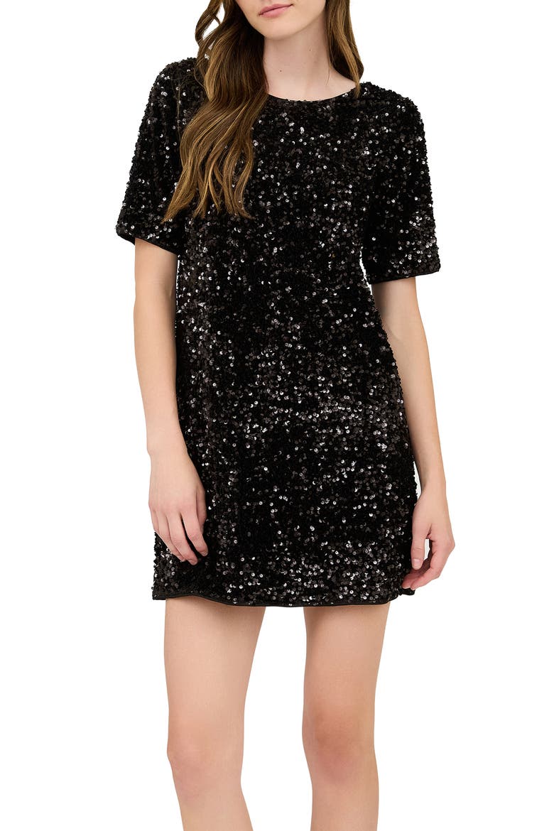 Back Bow Sequin Minidress, Main, color, BLACK