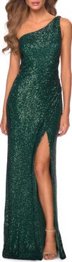 La Femme Long Sequin One Shoulder Ruched Prom Dress