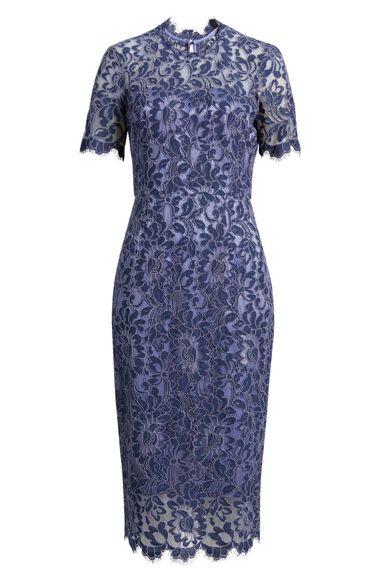 Eliza J Illusion Lace Midi Sheath Dress, Alternate, color, Blue