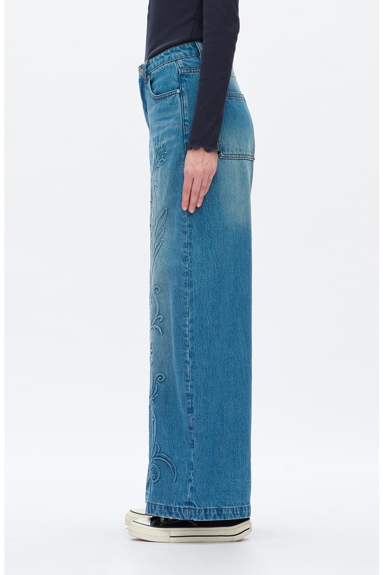 High Waist Embroidered Detail Wide Leg Jeans, Alternate, color, MEDIUM BLUE
