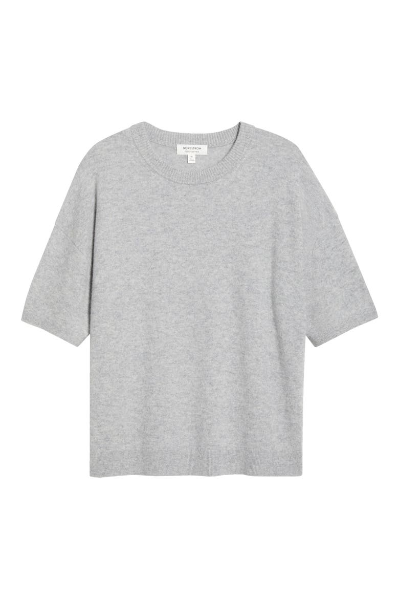 Short Sleeve Cashmere Sweater, Alternate, color, GREY SILK HEATHER