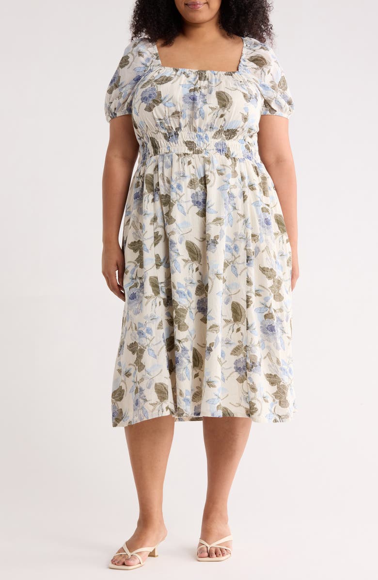 Melrose and Market Puffed Sleeve Cotton Midi Dress, Main, color, Ivory- Olive Jacobean Bloom