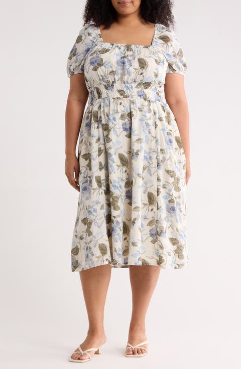 Puffed Sleeve Cotton Midi Dress (Plus)