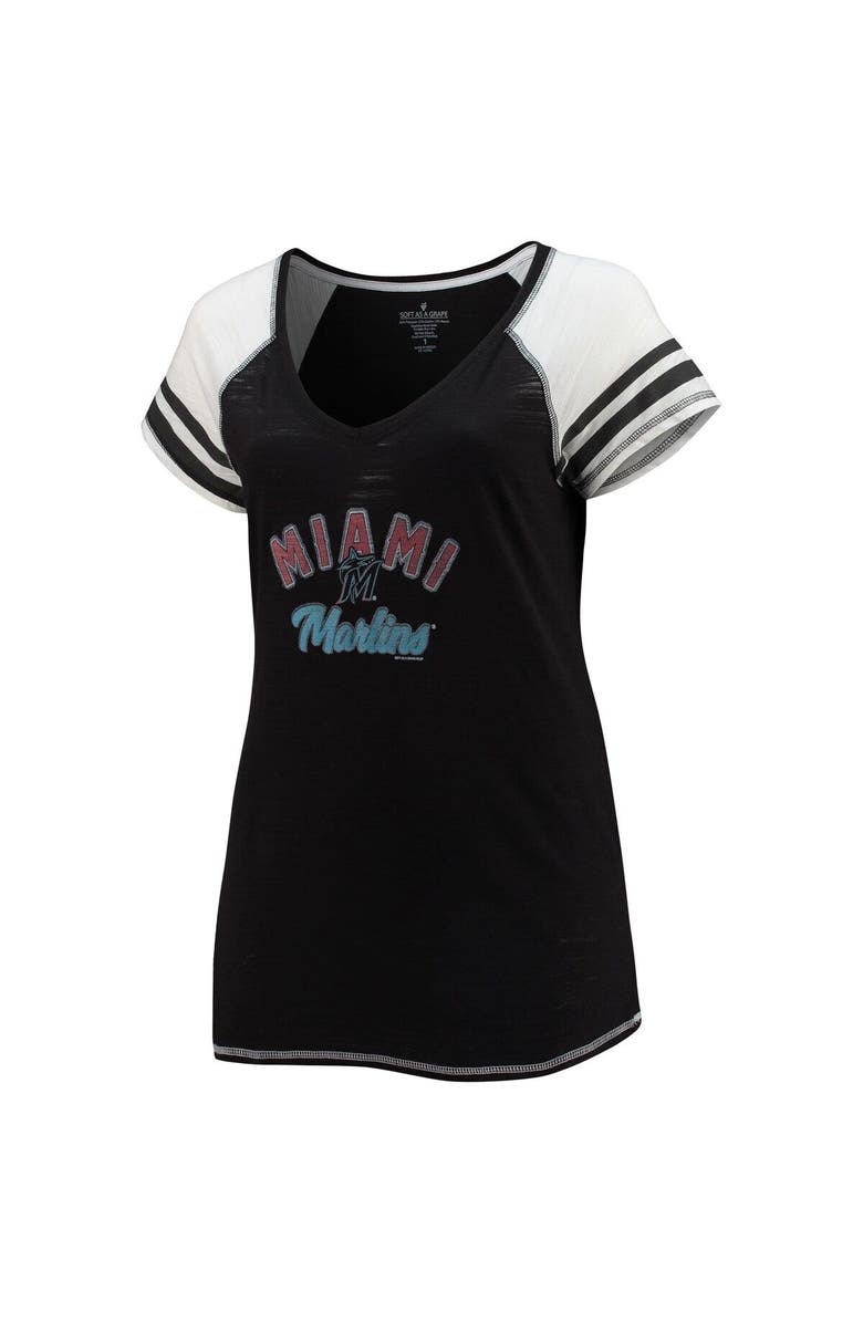 SOFT AS A GRAPE Women's Soft as a Grape Black Miami Marlins Curvy Colorblock Tri-Blend Raglan V-Neck T-Shirt, Alternate, color, Black