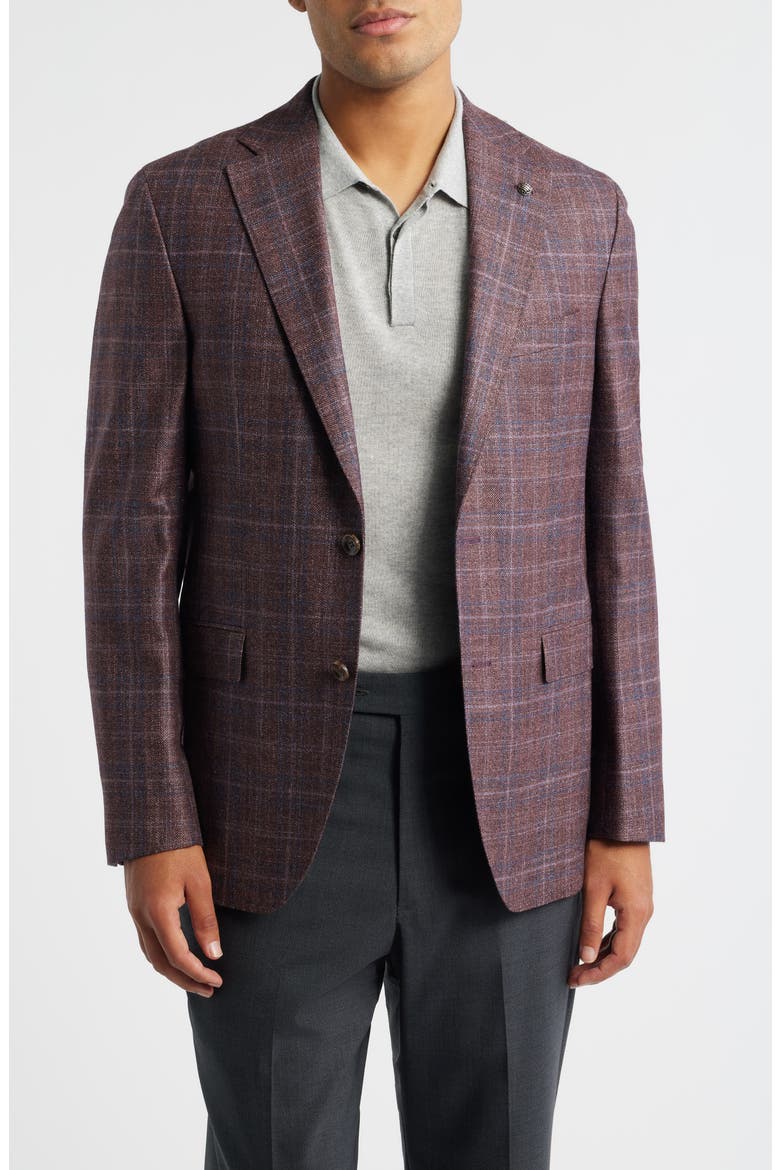McAllen Red Plaid Soft Constructed Wool & Silk Blend Sport Coat, Main, color, MAUVE