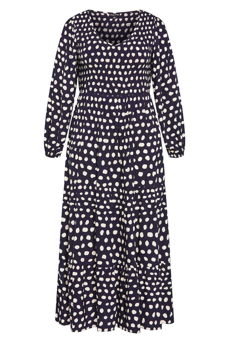 Adley Printed Smocked Bodice Long Sleeve Maxi Dress, Alternate, color, SPOT
