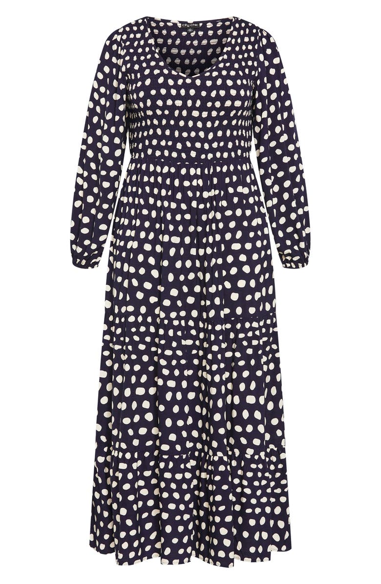 City Chic Adley Printed Smocked Bodice Long Sleeve Maxi Dress, Main, color, Spot