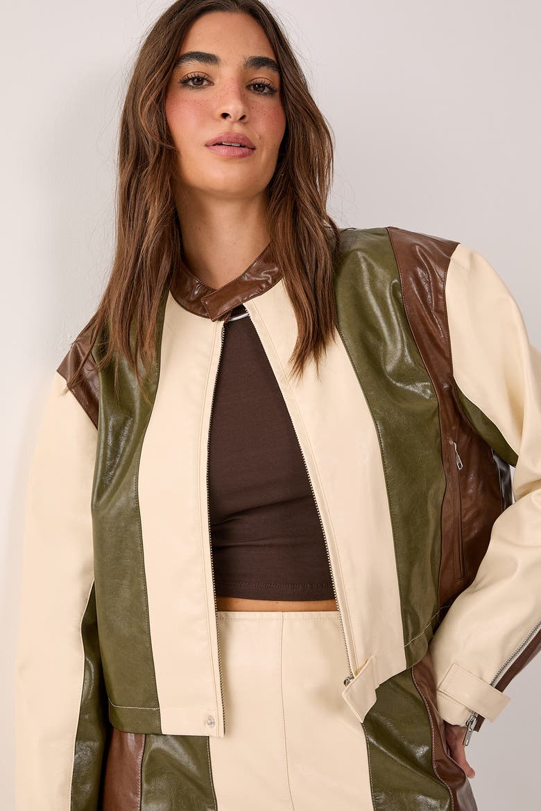 Panelled Faux Leather Biker Jacket, Alternate, color, Cream