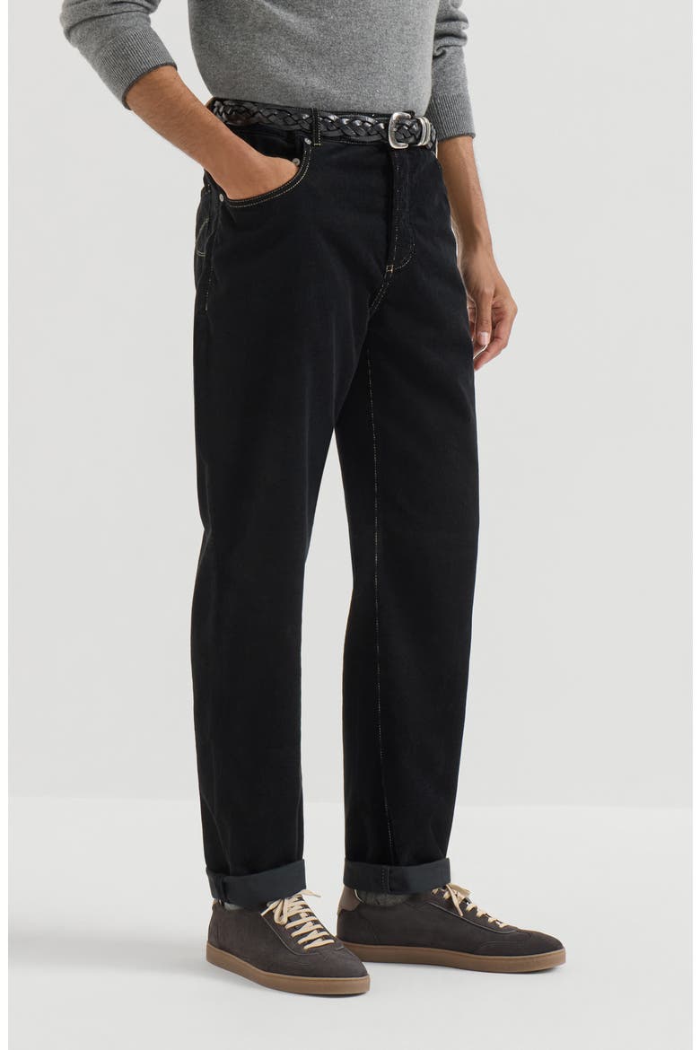 Garment-dyed five-pocket trousers in cotton narrow wale corduroy, Main, color, Black