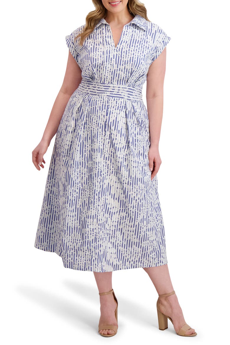 Embroidered Woven Midi Dress, Main, color, DENIM/ WHITE