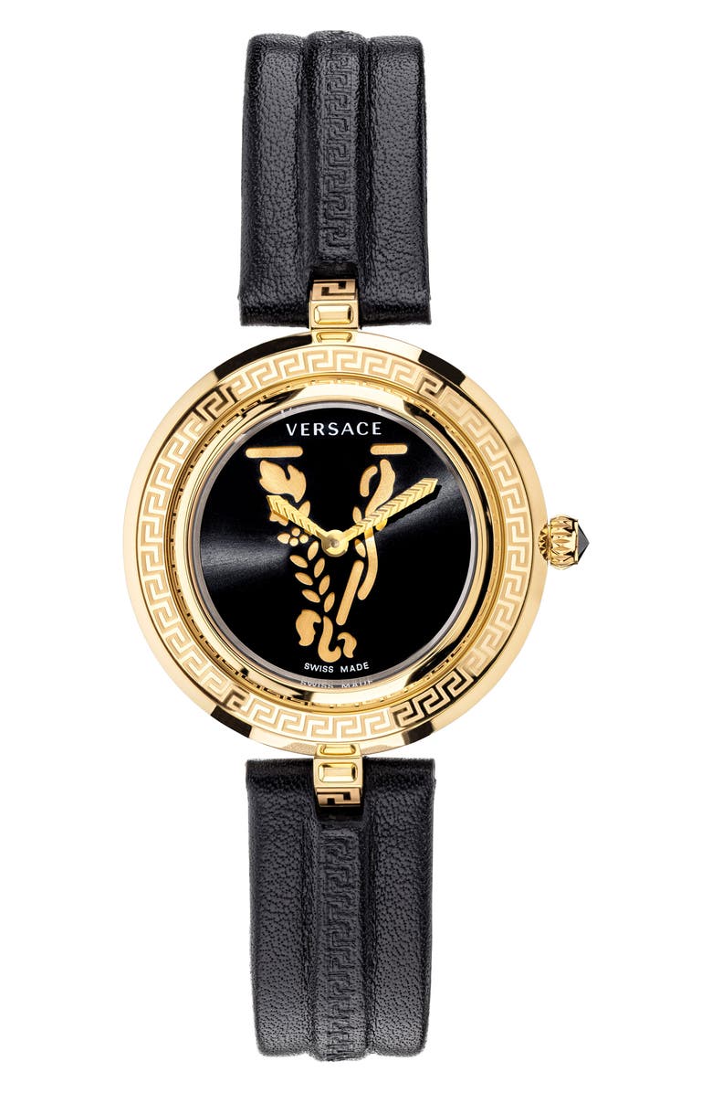 Versace Virtus Infinity Leather Strap Watch, 34mm, Main, color, 