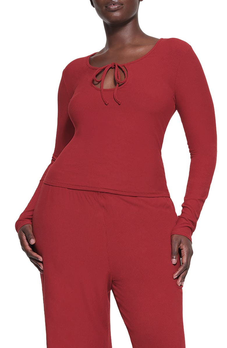 SKIMS Tie Front Long Sleeve Rib Stretch Modal Pajama Top, Main, color,