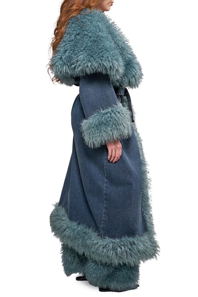 Vellum Faux Fur Trim Denim Trench Coat, Alternate, color, DENIM