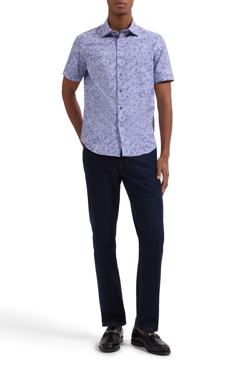 Bugatchi Miles OoohCotton<sup>®</sup> Tropical Palm Print Short Sleeve Button-Up Shirt, Alternate, color, Orchid