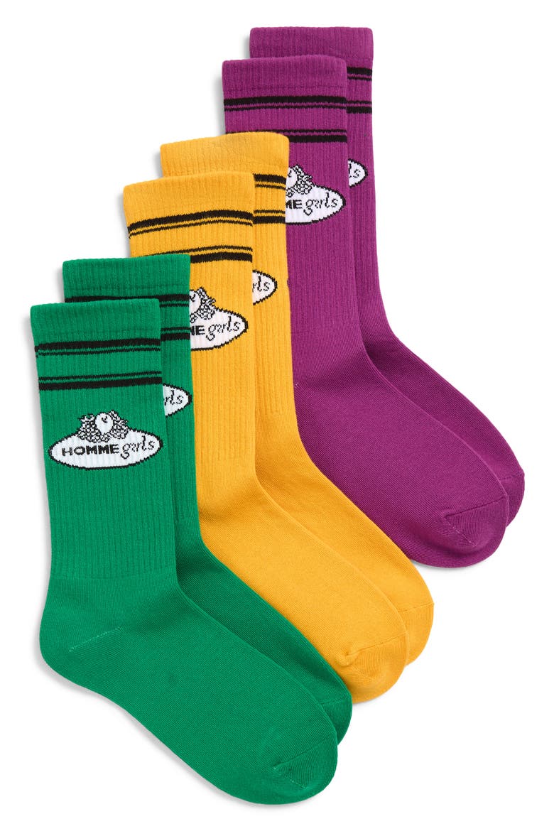 x Fruit of the Loom Assorted 3-Pack Crew Socks, Main, color, MAGENTA/ YELLOW/ GREEN