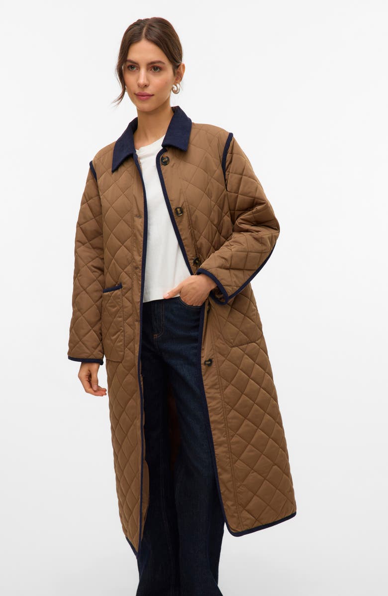VERO MODA Emily Water Resistant Quilted Long Coat, Alternate, color, Cub Detail Navy Blazer