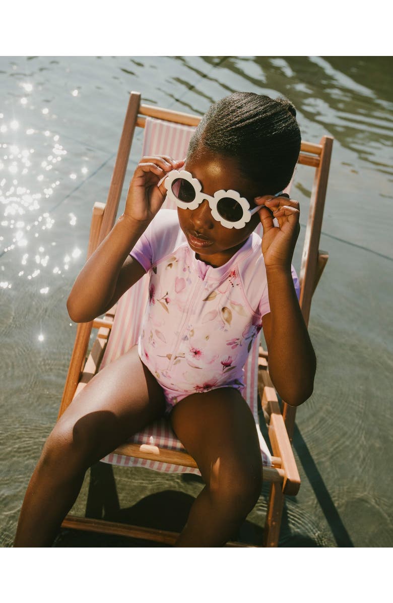 Deux par Deux One-Piece Short Sleeve Flower Swimsuit, Alternate, color, Purple Flower Print