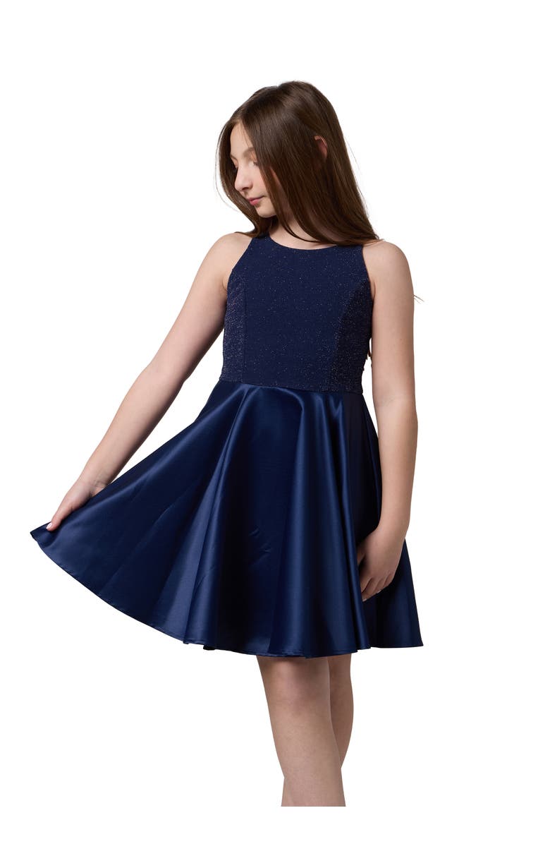 Un Deux Trois Glitter and Satin Racerback Dress in Longer Length, Main, color, Navy Blue