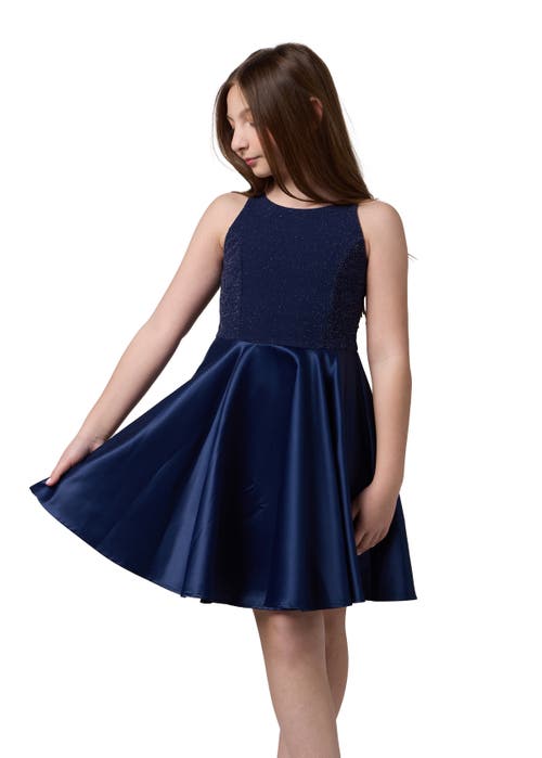 Un Deux Trois Glitter And Satin Racerback Dress In Blue