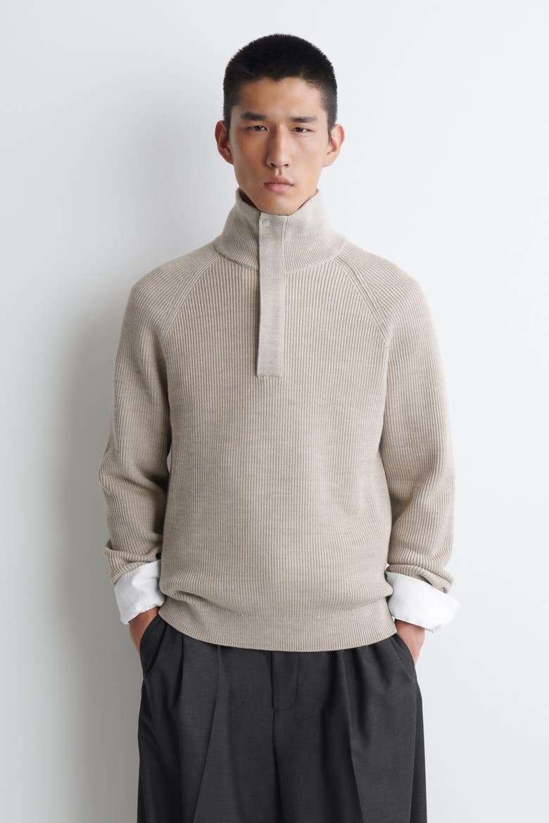 Ribbed Wool Half-Zip Sweater, Main, color, BEIGE