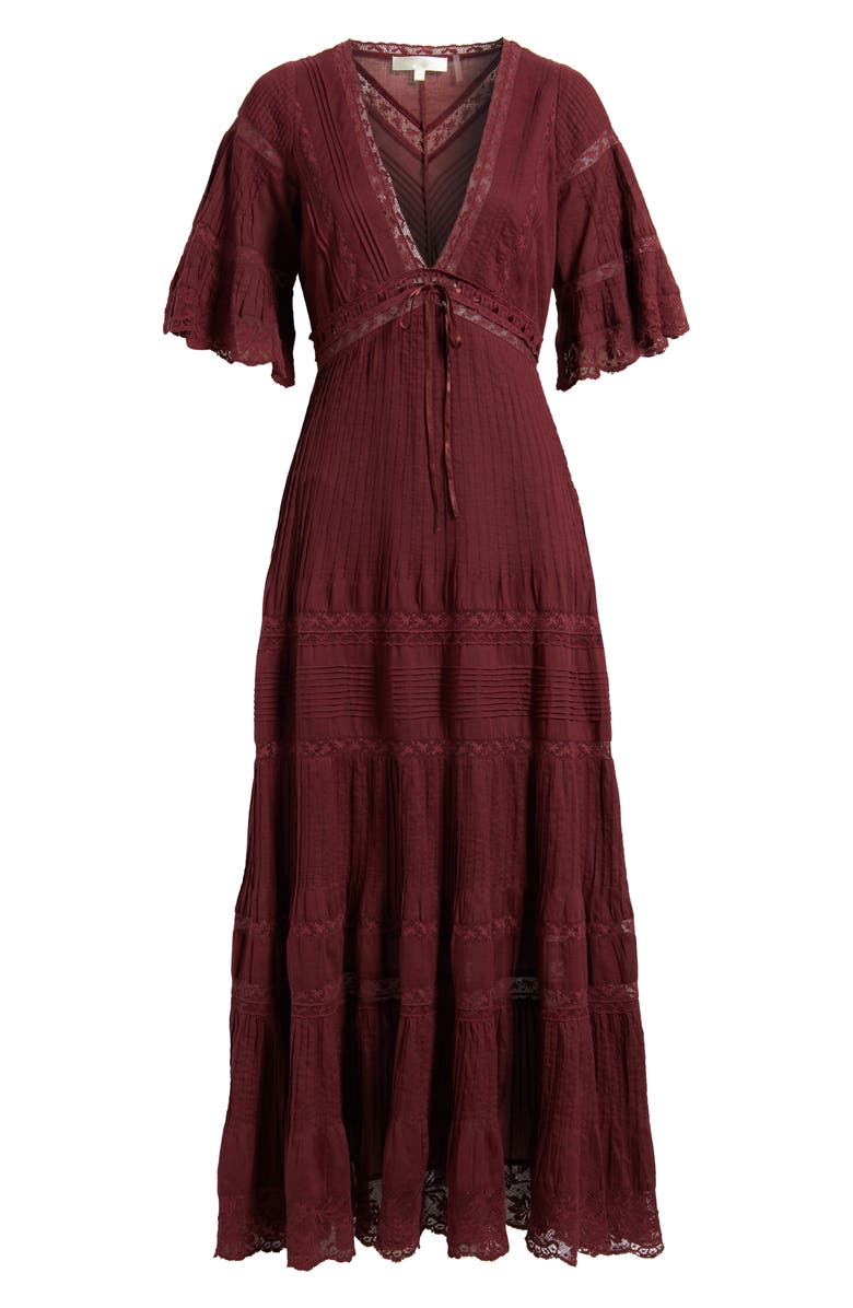 LoveShackFancy Marlowe Lace Detail Tiered Cotton Maxi Dress, Alternate, color, Spiced Berry