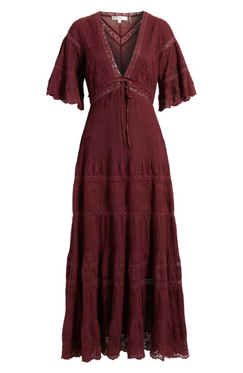 Loveshackfancy Marlowe Lace Detail Tiered Cotton Maxi Dress In Burgundy