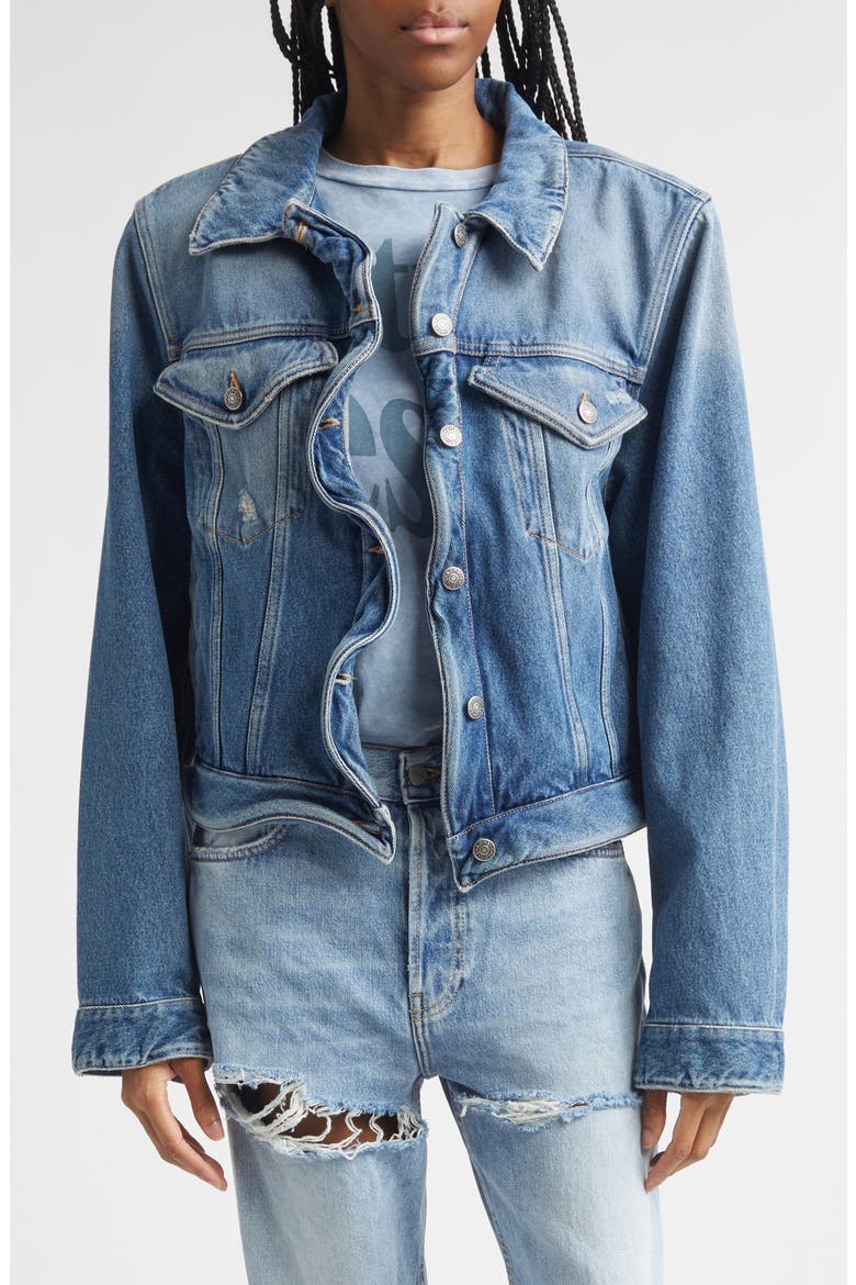 Wavy Distressed Denim Jacket, Main, color, MID BLUE