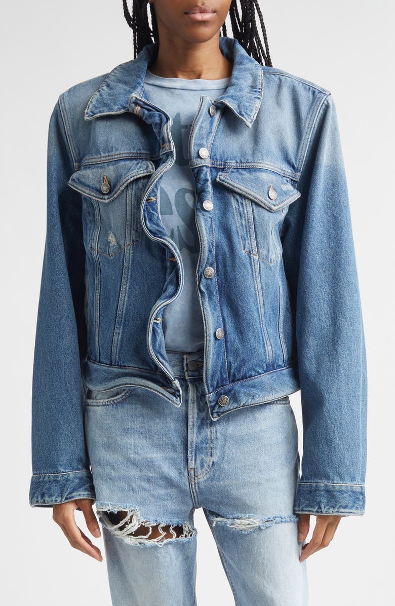 Acne Studios Wavy Distressed Denim Jacket, Main, color, Mid Blue