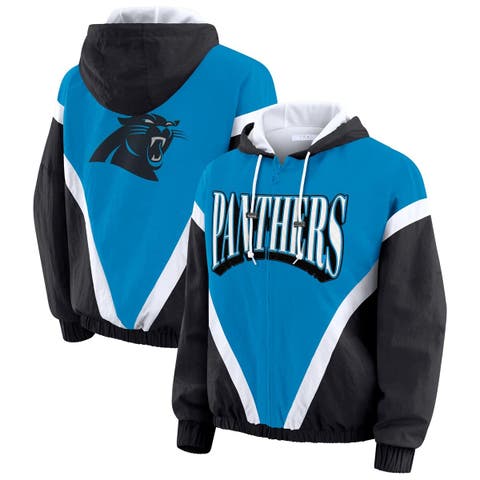 Women's WEAR by Erin Andrews Blue/Black Carolina Panthers Retro Crinkle Full-Zip Hoodie Windbreaker
