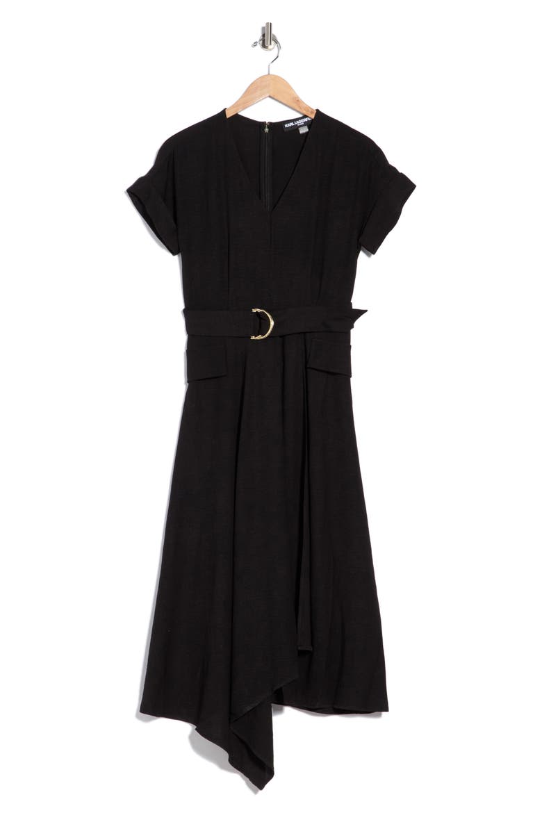 Aerowash Belted Asymmetric Midi Dress, Alternate, color, BLACK