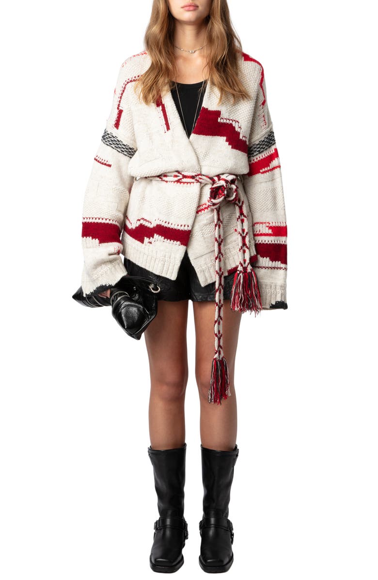 Zadig & Voltaire Stripe Tie Belt Wool & Cashmere Cardigan, Alternate, color, 