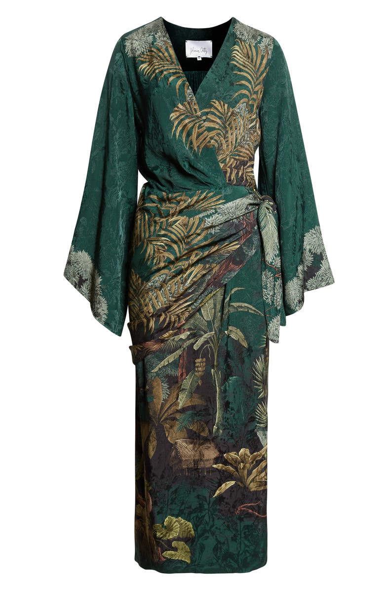 Johanna Ortiz Ollantay Floral Jacquard Long Sleeve Wrap Dress, Alternate, color, Dark Green