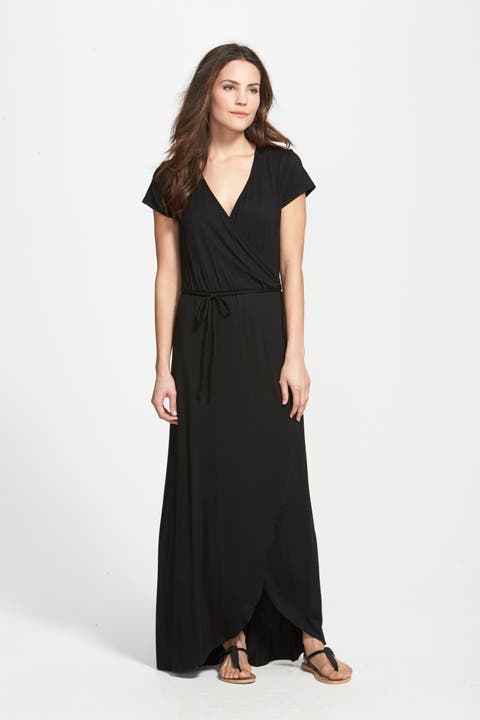 Cap Sleeve Faux Wrap Jersey Maxi Dress