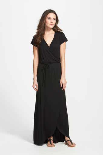 Loveappella Cap Sleeve Faux Wrap Jersey Maxi Dress