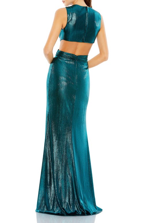 Mac Duggal Metallic Cut Out Gown In Teal