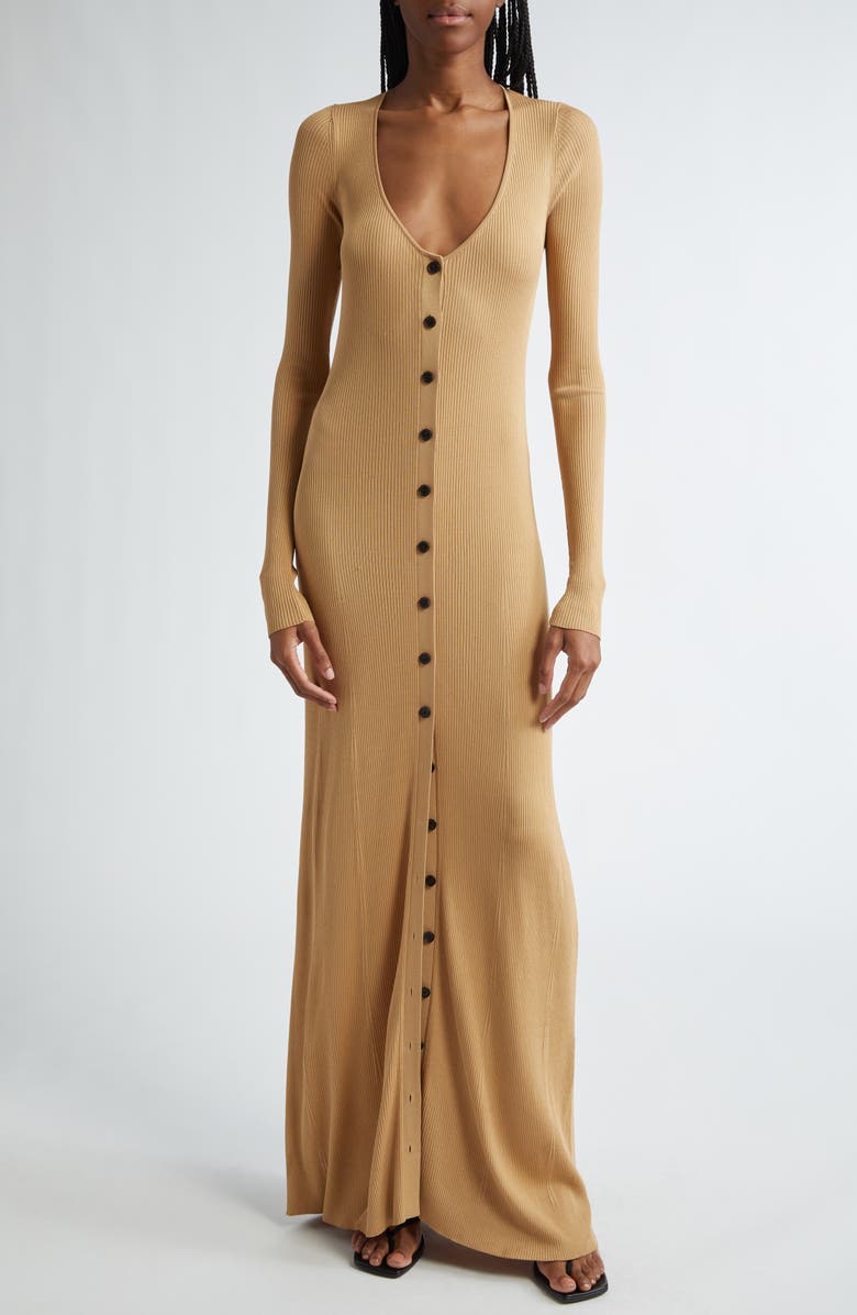 Proenza Schouler Athena Long Sleeve Button Front Rib Maxi Dress, Main, color,
