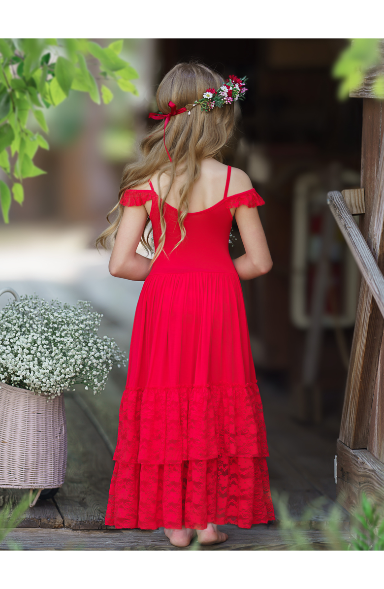 Mia Belle Girls Ruby Red Tiered Lace Ruffle Maxi Dress, Alternate, color, 