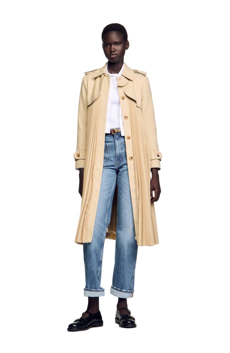 SANDRO Pleated trench coat with belt, Alternate, color, Beige